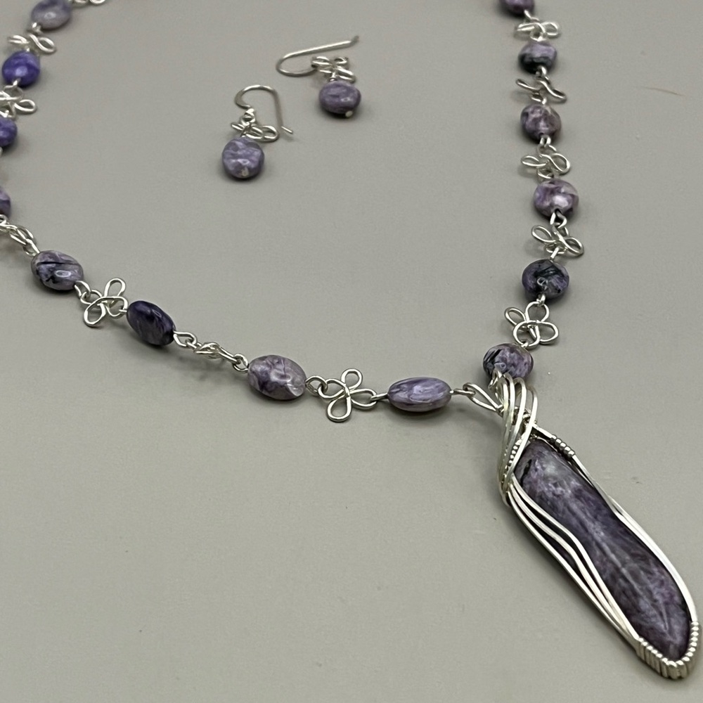 Purple Charoite and Sterling Silver Artistic Necklace And Earrings with Pendant